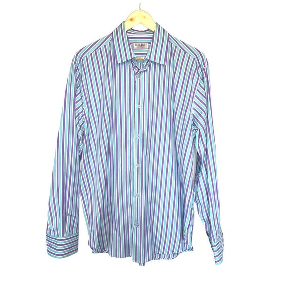 Equilibrio Milano Purple Teal Striped Button Down Long Sleeved Shirt Size Large - Picture 1 of 7